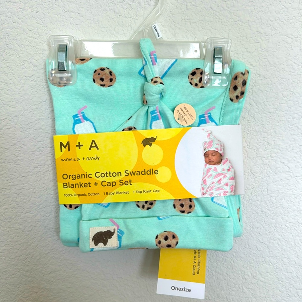 Monica + Andy organic cotton baby swaddle and cap set